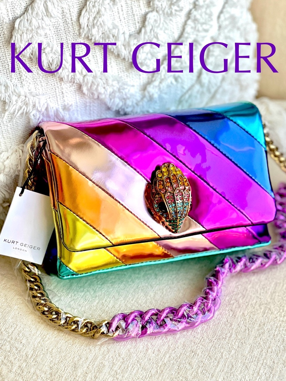 KURT GEIGER Liquid Metallic Patent RAINBOW Crossbody Clutch LARGE EAGLE HEAD